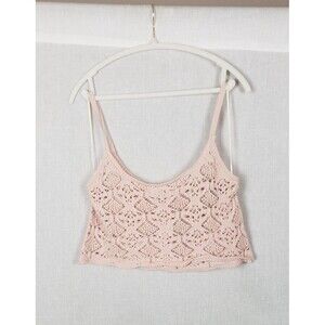 Double Zero Tank‎ Top L Pink Crochet Knit Crop Cami 100% Cotton Dainty Coquette